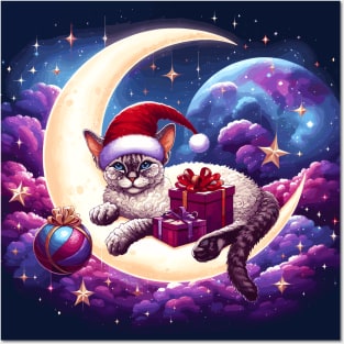 Devon Rex Cat On The Moon Christmas Posters and Art